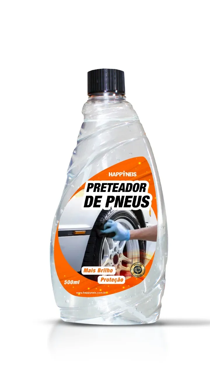 Transparent bottle of Happynéis tire shine product with black cap showing label with hand cleaning car tire, featuring text 'PRETEADOR DE PNEUS', 'Mais Brilho', and 'Proteção', 500ml.