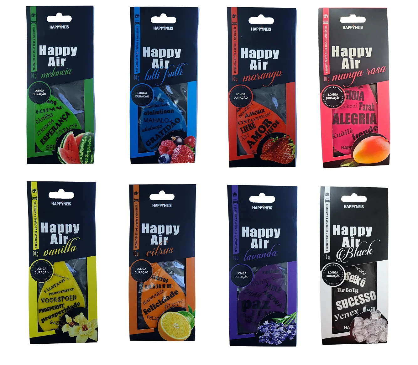 Eight Happy Air car air freshener packages in different scents: watermelon, tutti frutti, strawberry, pink mango, vanilla, citrus, lavender, and black.