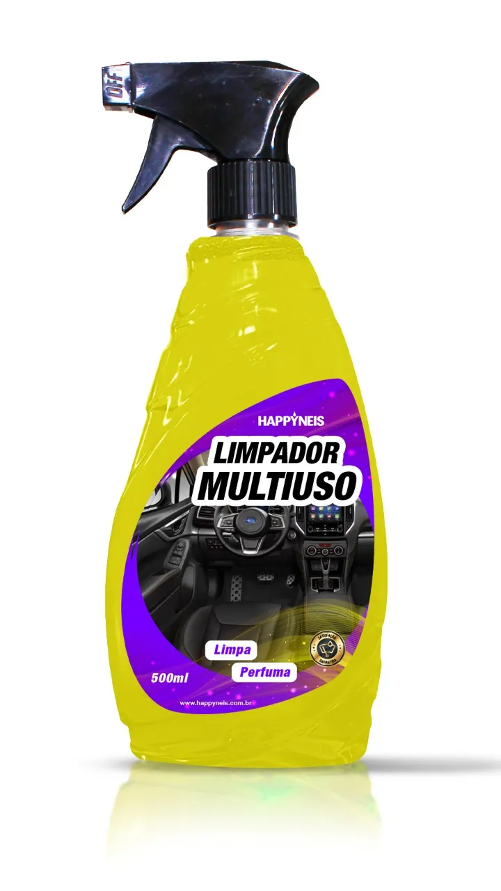 Yellow 500ml spray bottle of Happynéis multi-purpose cleaner for car interiors that cleans and perfumes.